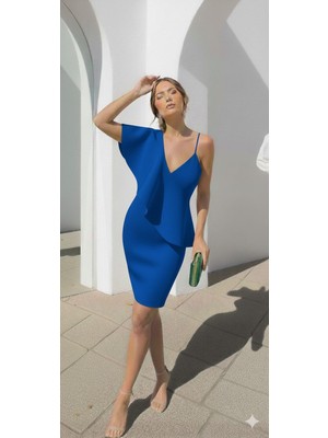 Kadın V Yaka Askılı Midi Elbise