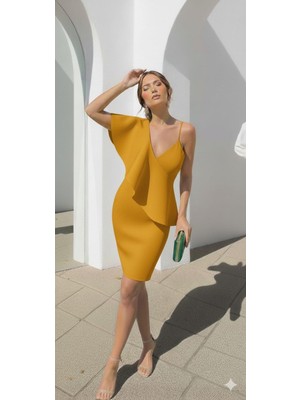 Kadın V Yaka Askılı Midi Elbise