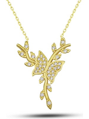 Gümüş Gold Daldaki Kelebek Kadın Kolye