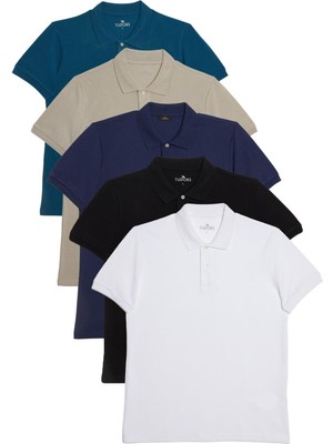 Tudors Erkek Slim Fit %100 Pamuk Yumuşak Doku 5'li Beyaz-Siyah-Lacivert-Açık Haki-Mavi Düz Polo Yaka Tişört