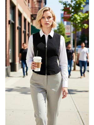 Benerly Kadın Gömlek Yaka Fermuarlı Kolsuz Vücuda Oturan Kesim Dokuma Kumaş Crop Yelek Astarlı Şık