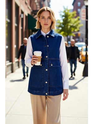 Benerly Kadın Gömlek Yaka Kolsuz Düğmeli Cepli Denim Yelek Ceket Regular Kalıp Kumaş Şık %100 Pamuk
