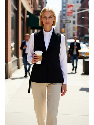 Benerly Kadın Ceket Yaka Kolsuz Dokuma Yelek Düz Desen Astarlı Oversize Kalıp Yan Detaylı Tasarım Şık Büyük Beden