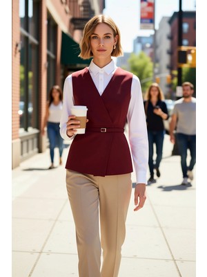 Benerly Kadın Kruvaze Yaka Kolsuz Fitted Kalıp Anvelop Kapamalı Kemerli Dokuma Yelek Astarlı Regular Boy