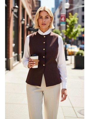 Benerly Kadın Büyük Beden Bisiklet Yaka Kolsuz Dokuma Yelek Düz Desen Fitted Kalıp Regular Boy Business