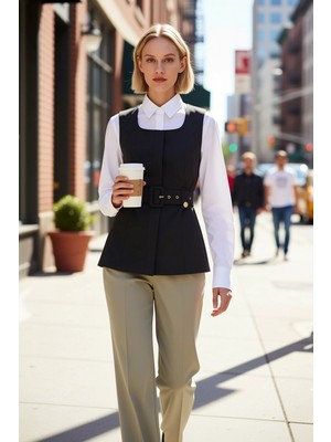 Benerly Kadın Havuz Yaka Kolsuz Fitted Uzun Dokuma Yelek Çıtçıt Kapamalı Kemer Detaylı Astarsız Tasarım