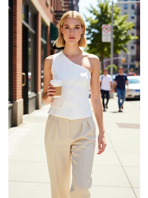 Benerly Kadın Tek Omuz Yaka Kolsuz Fitted Kesim Crop Boy Dokuma Kumaş Düz Desen Astarlı Yelek Modeli