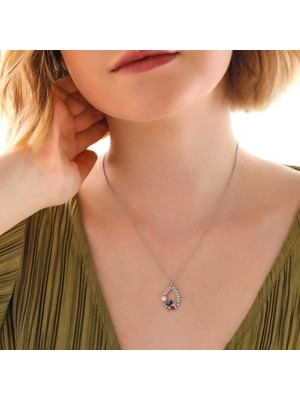 Gümüş Renkli Taşlı Çiçekli Kadın Kolye