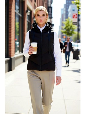 Benerly Kadın Büyük Beden Kapüşonlu Kolsuz Regular Kalıp Dokuma Yelek Düz Desen Orta Kalınlık Kışlık Üst