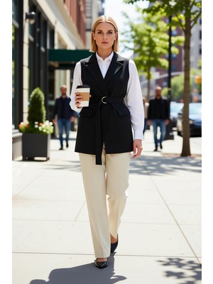 Benerly Kadın Büyük Beden Ceket Yaka Kolsuz Dokuma Yelek Astarlı Kemerli Regular Kalıp Uzun Boy Düz Desen