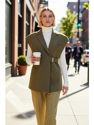 Benerly Kadın Ceket Yaka Kolsuz Dokuma Kumaş Kruvaze Oversize Yelek Toka Detaylı Astarlı Regular Boy Büyük Beden