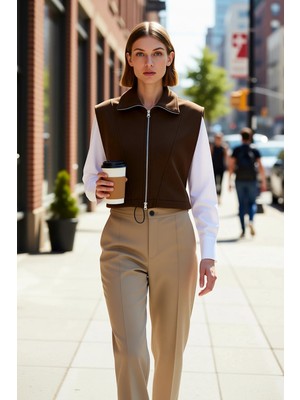 Benerly Kadın Dik Yaka Fermuarlı Kolsuz Ay Kol Kalın Yelek Relaxed Rahat Kalıp Crop Boy Örme Penye Kumaş