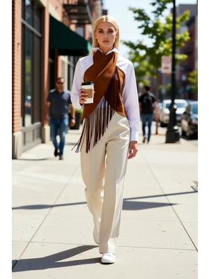 Benerly Kadın Halter Yaka Boyundan Bağlamalı Kolsuz Regular Kalıp Asimetrik Kesim Püsküllü Dokuma Kumaş