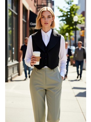 Benerly Kadın Ceket Yaka Kolsuz Düğmeli Dokuma Kumaş Crop Yelek Fitted Kalıp Astarlı Düz Desenli Yelek