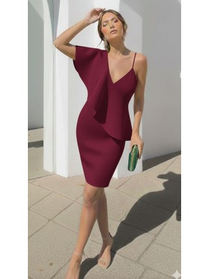 Kadın V Yaka Askılı Midi Elbise