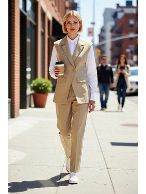 Benerly Kadın Ceket Yaka Kolsuz Düğmeli Yelek Dokuma Kumaş Regular Kalıp Astarlı Renk Iş Ortamı Için Uygun