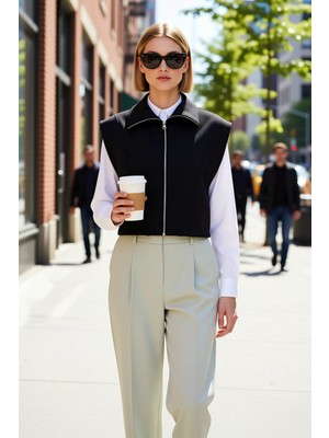 Benerly Kadın Dik Yaka Fermuarlı Kolsuz Ay Kol Kalın Yelek Relaxed Rahat Kalıp Crop Boy Örme Penye Kumaş