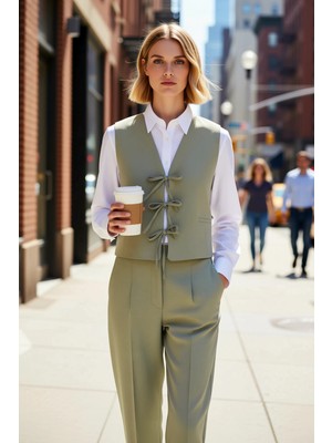 Benerly Kadın V Yaka Kolsuz Regular Kalıp Astarsız Bağlama Detaylı Görünümlü Dokuma Yelek %100 Pamuk