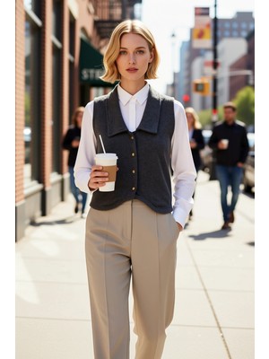 Benerly Kadın Fitted V Yaka Detaylı Kolsuz Düğmeli Örme Yelek Crop Boy Esnek Ottoman Dokuma Kumaş Şık