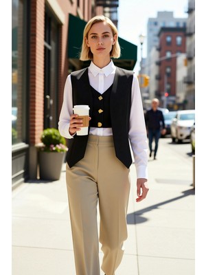 Benerly Kadın V Yaka Kolsuz Dokuma Regular Kalıp Astarlı Yelek Düz Desenli Finike Dokuma Kumaş Özelliği