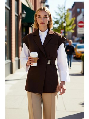 Benerly Kadın Ceket Yaka Kolsuz Dokuma Kumaş Kruvaze Oversize Yelek Toka Detaylı Astarlı Regular Boy Büyük Beden