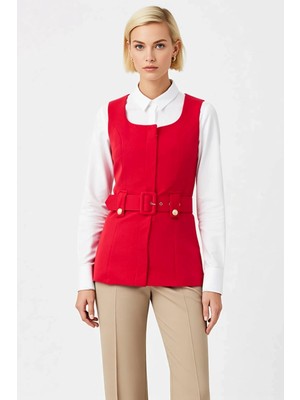 Benerly Kadın Havuz Yaka Kolsuz Fitted Uzun Dokuma Yelek Çıtçıt Kapamalı Kemer Detaylı Astarsız Tasarım