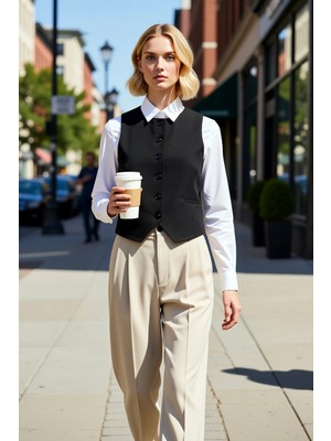 Benerly Kadın Bisiklet Yaka Kolsuz Fitted Crop Dokuma Kumaş Yelek Düz Desen Astarlı Basic Siluet Modern