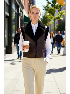 Benerly Kadın Regular Kalıp Gömlek Yaka Kolsuz Dokuma Peluş Detaylı Yelek Düz Desen Kışlık Giyim Ürünü