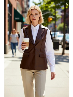 Benerly Kadın Ceket Yaka Kolsuz Düz Desen Dokuma Yelek Astarlı Fitted Kalıp Regular Boy Şık