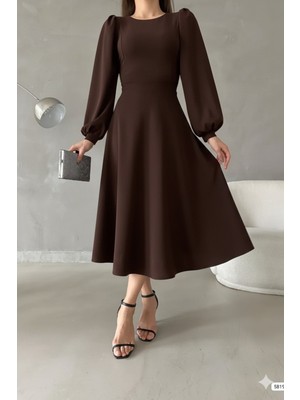 Ezraa Kahverengi Balon Kol Bisiklet Yaka Midi Elbise