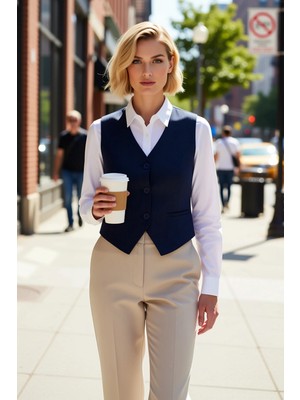 Benerly Kadın V Yaka Kolsuz Fitted Dokuma Yelek Çizgili Desenli Astarlı Kumaş Regular Boy Kesim Şık