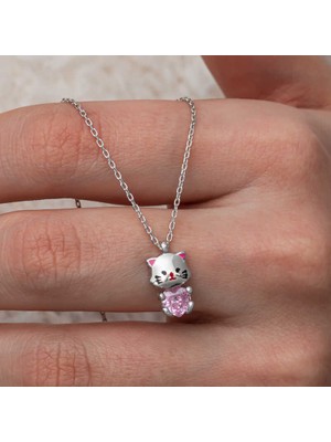 Gümüş Pembe Taşlı Sevimli Kedi Kadın Kolye