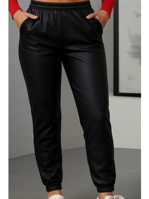 Etiler Collection Kadın Paçası Lastikli Cep Detaylı Deri Tayt