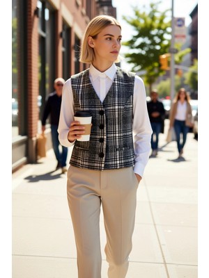 Benerly Kadın V Yaka Kolsuz Regular Kalıp Astarlı Ekose Kareli Dokuma Kaşe Yelek Düğmeli Kapama Kış Sezonu