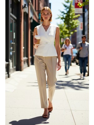 Benerly Kadın Kruvaze Yaka Kolsuz Fitted Kalıp Anvelop Kapamalı Kemerli Dokuma Yelek Astarlı Regular Boy