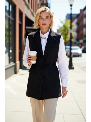 Benerly Kadın Ceket Yaka Kolsuz Astarlı Dokuma Yelek Beli Bağlama Detaylı Regular Kalıp Düz Desen Ofis Giyim