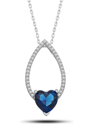 Gümüş Kalp Mavi Taşlı Damla Kadın Kolye