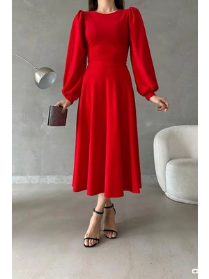 Ezraa Kırmızı Balon Kol Bisiklet Yaka Midi Elbise
