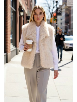 Benerly Kadın Gömlek Yaka Kolsuz Regular Kesim Dokuma Kürk Yelek Astarlı Kalın Düz Siluet Basic Kışlık Ürün