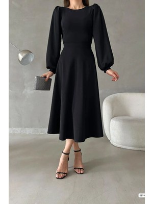 Ezraa Siyah Balon Kol Bisiklet Yaka Midi Elbise