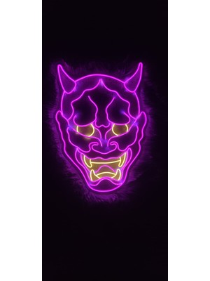 Dekoraven Şeytan Maskesi Oni Mask Figürlü Neon LED Tabela | Gaming ve Modern Dekor Için Işıklı Duvar Süsü
