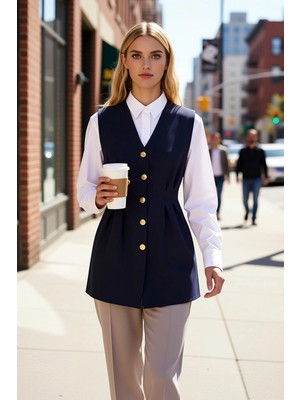 Benerly Kadın V Yaka Kolsuz Fitted Dokuma Yelek Peplum Detaylı Çıtçıt Kapatmalı Regular Boy Astarlı