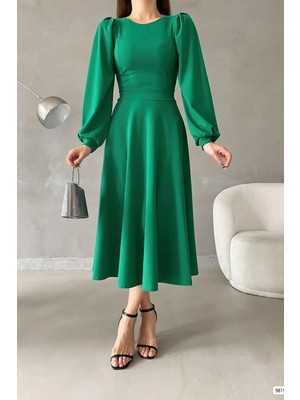 Ezraa Yeşil Balon Kol Bisiklet Yaka Midi Elbise