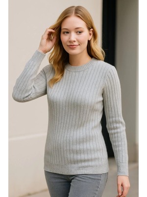 Etiler Collection Bisiklet Yuvarlak Yaka Triko Kazak Pamuklu Kalın Fitilli Dokuma, Regular Fit Uzun Kollu Kışlık Model - Gri