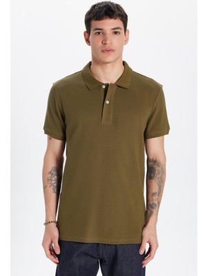 Tudors Erkek Slim Fit Dar Kesim %100 Pamuk Haki Polo Yaka Tişört
