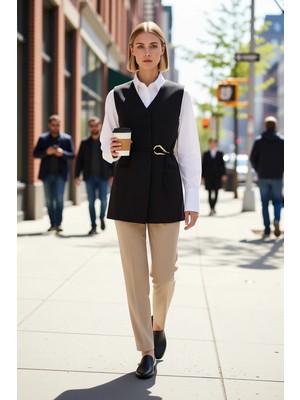 Benerly Kadın V Yaka Kolsuz Fitted Düz Dokuma Kemer Detaylı Yelek Regular Boy Astarlı Finike Kumaş