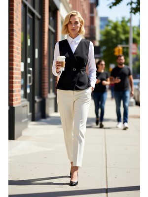 Benerly Kadın Kruvaze Yaka Kolsuz Fitted Kalıp Anvelop Kapamalı Kemerli Dokuma Yelek Astarlı Regular Boy