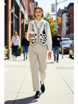 Benerly Kadın V Yaka Kolsuz Regular Kalıp Dokuma Poplin Kumaş Çiçek Nakış Desenli Astarlı Yelek Ilkbahar