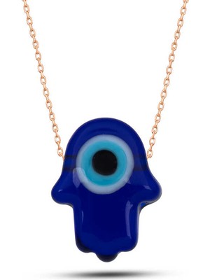 Gümüş Rose Mavi Nazarlı Cam Fatma Ana Eli Kadın Kolye