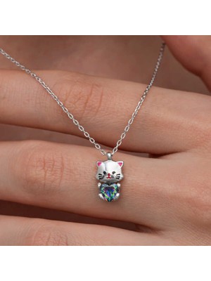 Gümüş Mistik Topaz Taşlı Sevimli Kedi Kolye